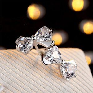 Silver Plated Heart Shape Diamond Zircon Bow Stud Earrings